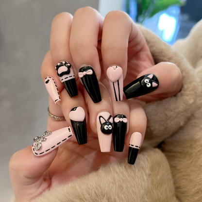 Nail Art Pink and Black Cartoon Y2K Coffin