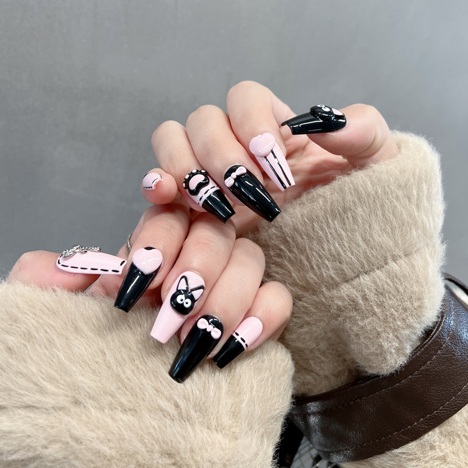 Nail Art Pink and Black Cartoon Y2K Coffin