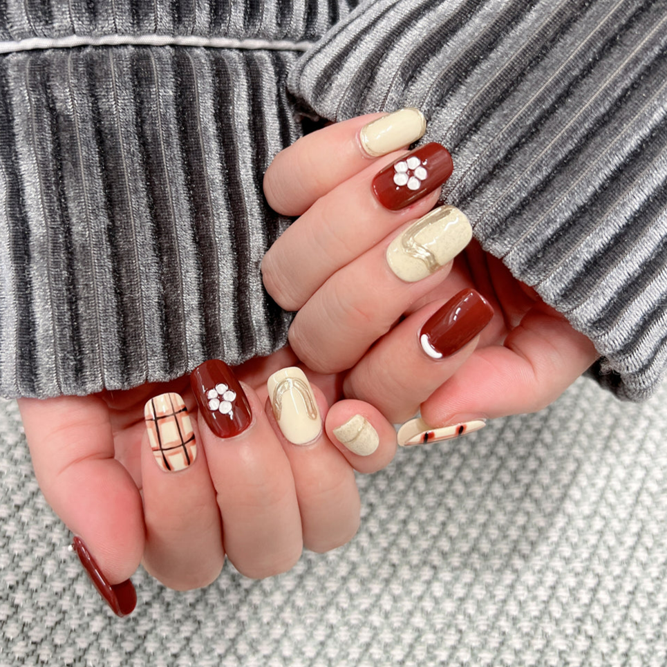 White and Brown Nails Plaid  Marble Designs