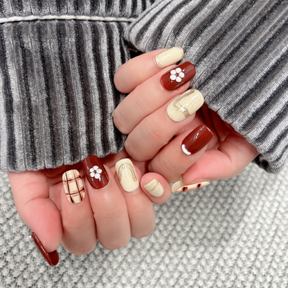 White and Brown Nails Plaid  Marble Designs