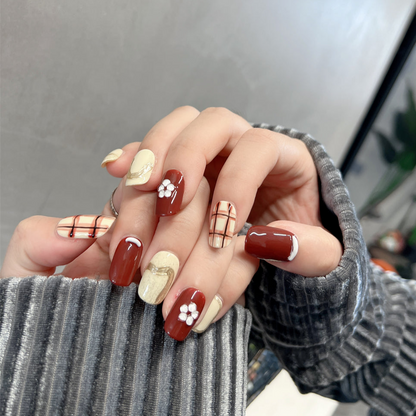 White and Brown Nails Plaid  Marble Designs