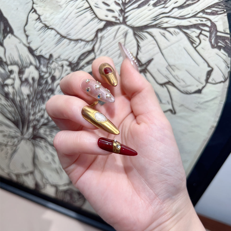 Burgundy Gold Nails Pearl Chrome Stiletto Art